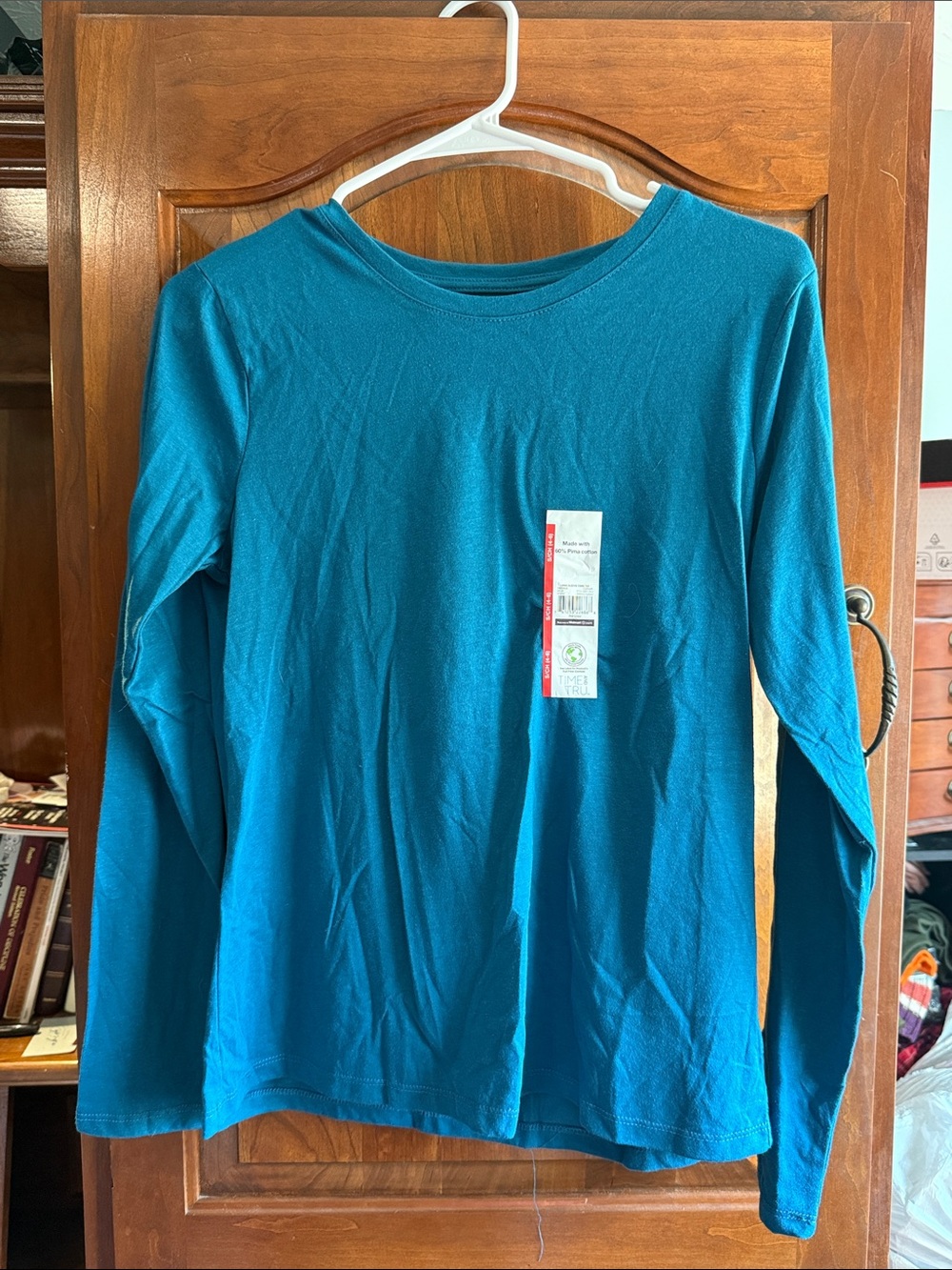 Time and Tru Long-Sleeve Crewneck Tee in Teal Blue